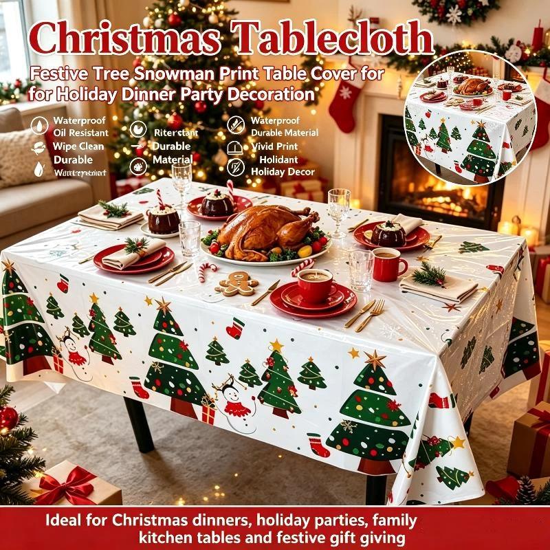 Disposable Christmas Plastic Tablecloth Snowman Tree Print Waterproof Oil Proof for Restaurant Holiday Dinner Decorations