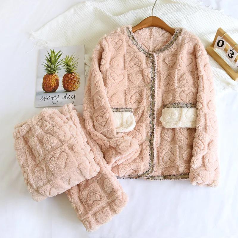 Novo Conjunto de Pijama de Lã Coral de Inverno para Mulheres Espessado Lã Plus Size Feminino Botão Sólido Gola Redonda Casa Pijama de Pelo