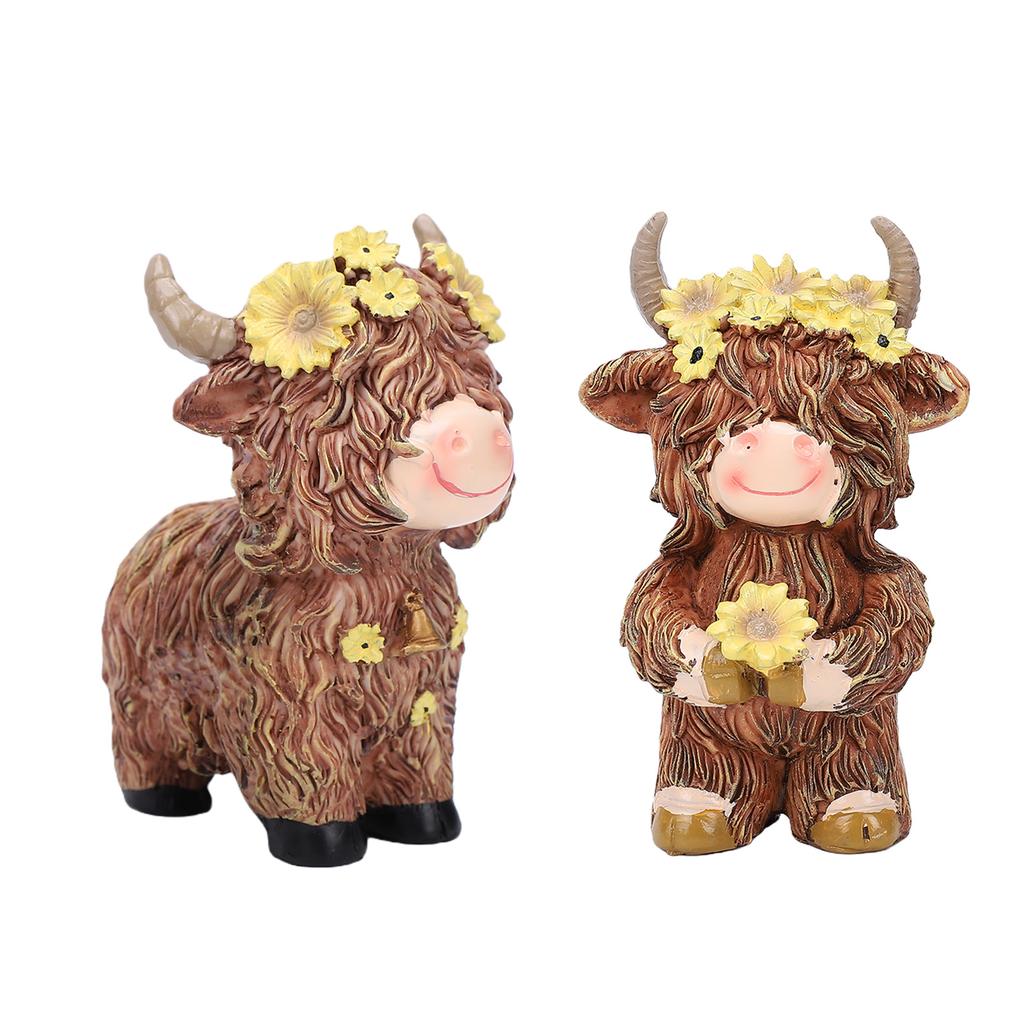 Flower Highland Cow Statue Cute Small Animal Figurines for Home Garden Kitchen Office