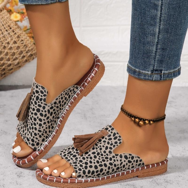 Damen Quasten-Dekor Pantoletten Lässige Slipper Flache Sommerschuhe Leichte Pantoletten