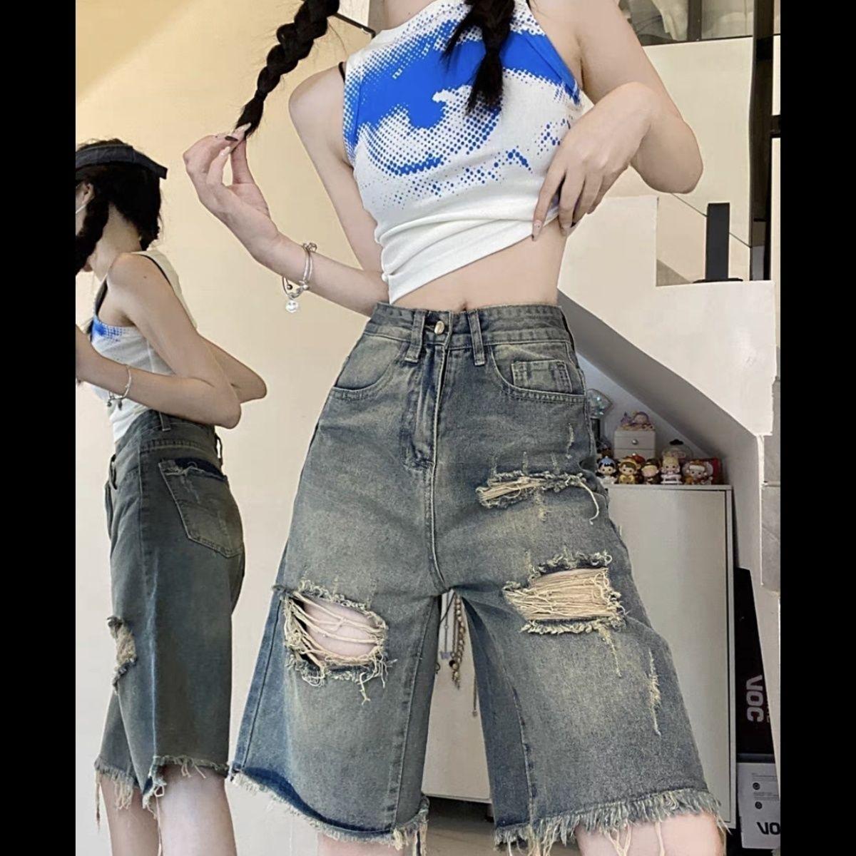 

Джинсовые шорты женские летние уличные новые свободные широкие брюки средней длины с рваными дырками и кисточками джинсовые прямые джинсы с грудью 5XL синий