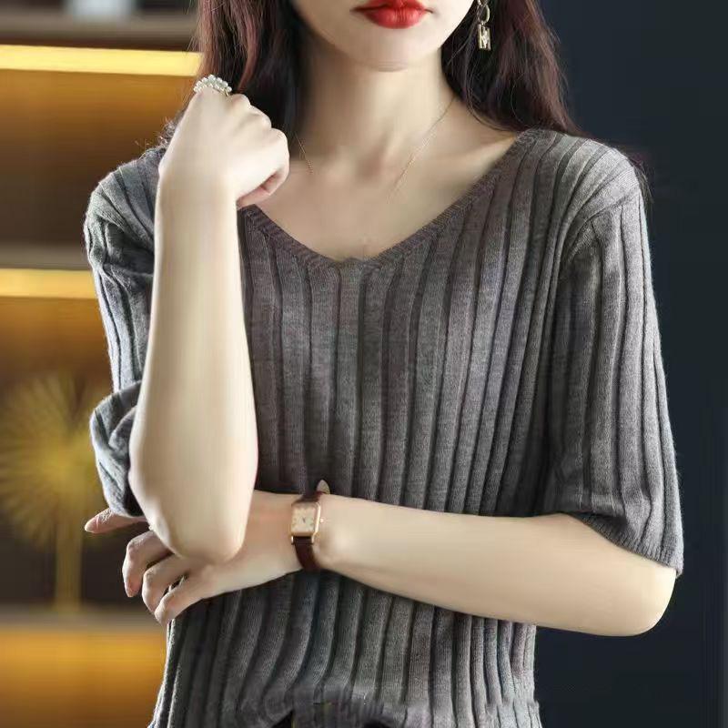 Frühling Sommer Damen V-Ausschnitt Kurzarm Exquisiter Kaschmir Strickpullover Pullover Einfarbig