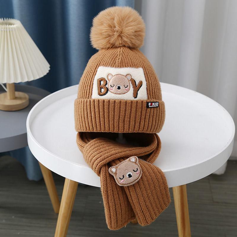 2025 autumn and winter children's hat bear wool hat girls knitted cotton warm baby hat scarf two-piece set