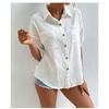 Women's Summer Shirt Short-sleeved Pocket Lapel Mid-length Cotton and Linen Shirt