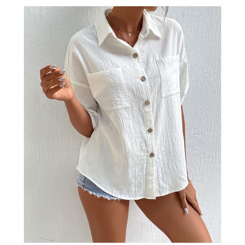 Women's Summer Shirt Short-sleeved Pocket Lapel Mid-length Cotton and Linen Shirt