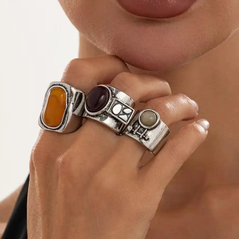New 3Pcs/Set Personality Inlay Resin Rings for Women Vintage Metal Geometric Open Adjustable Ring Party Jewelry Accessories