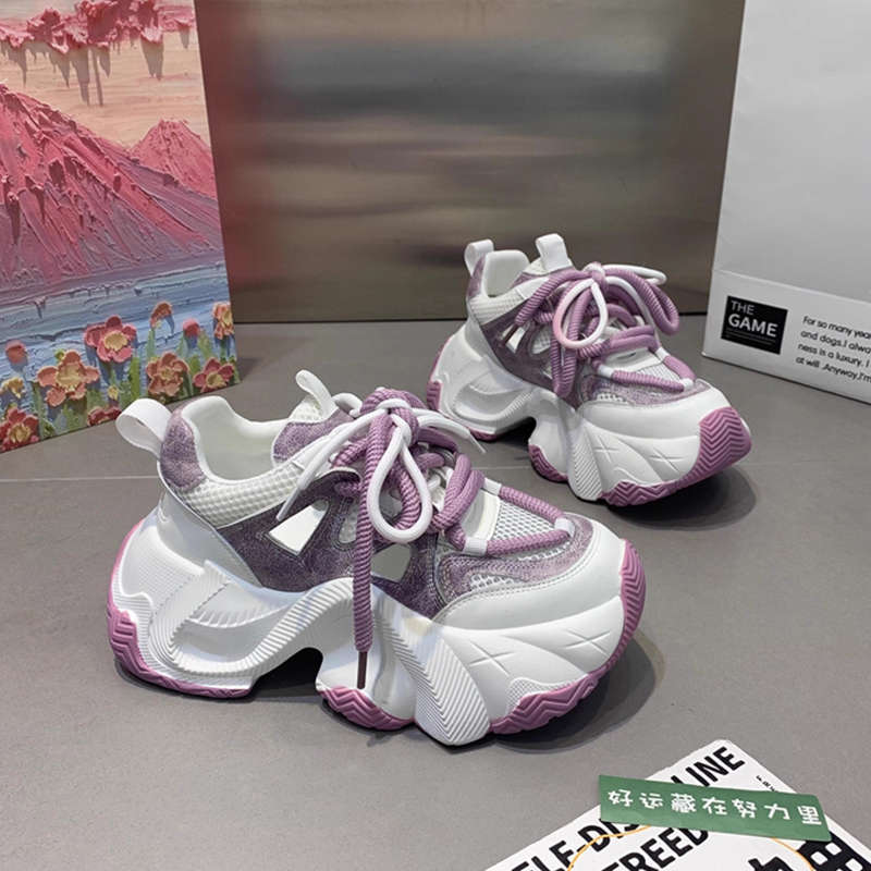 Purple thick-soled inner height-increasing dad shoes  shoes autumn new mesh breathable versatile sneakers