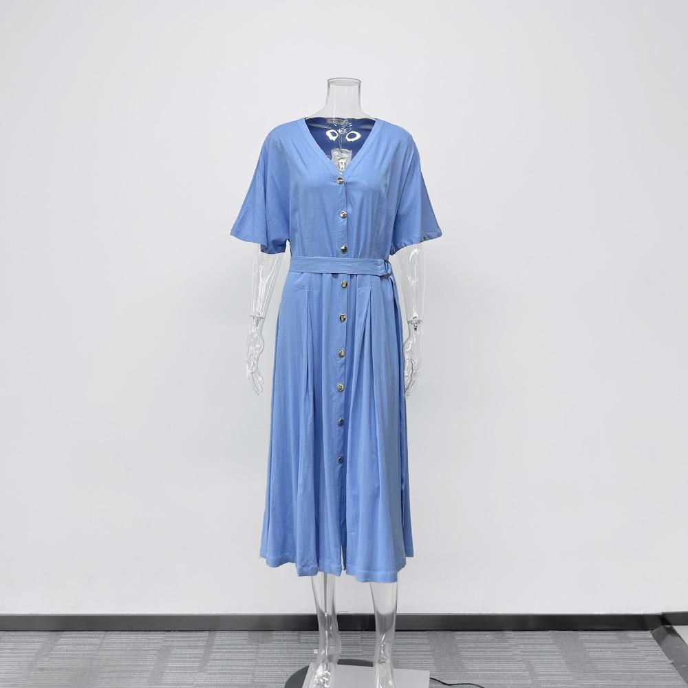 Women's V Neck Short Sleeve Midi Dress Loose Fit Elastic Waist Elegant Style Rayon Linen Blend A Line Dress With Button Belt