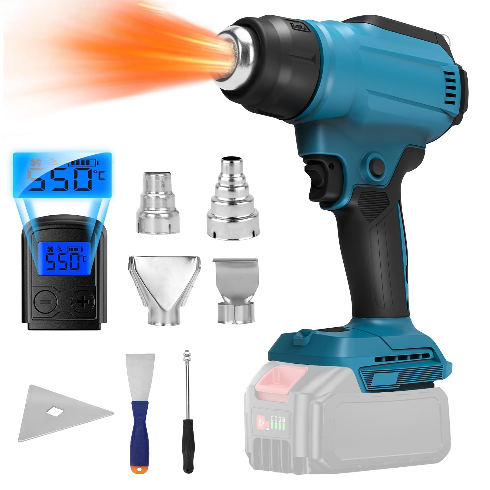 

Cordless Heat Compatible with Makita Airflow Temperature 300 Air 7 Fast Heat DIY Work Gun, Compact, Rechargeable, 18V, 6-Level Adjustment, 30-550°C