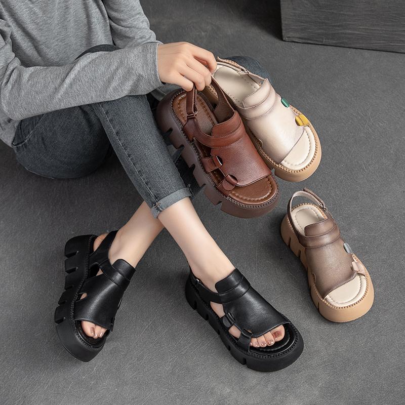 Fashion GKTINOO 2025 Handmade Genuine Leather Sandals Women Thick Soled Hook & Loop Wedges Platform Casual Sandals Summer Shoes