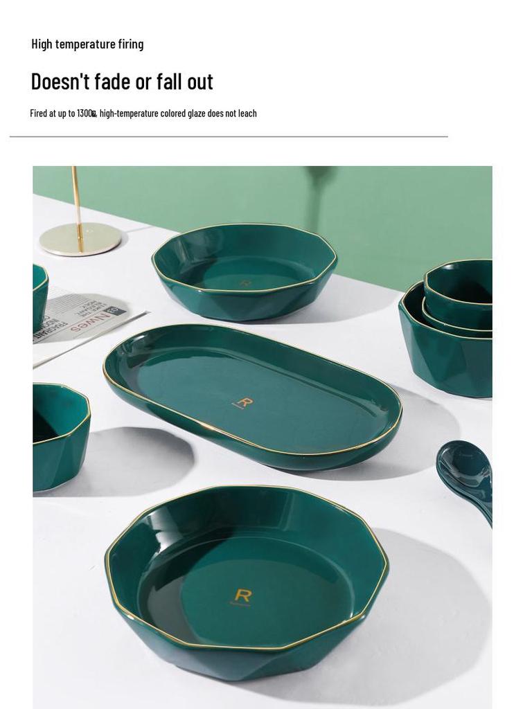 Luxury Peacock Green Tableware Set: Gold-Rimmed Bowl & Plate