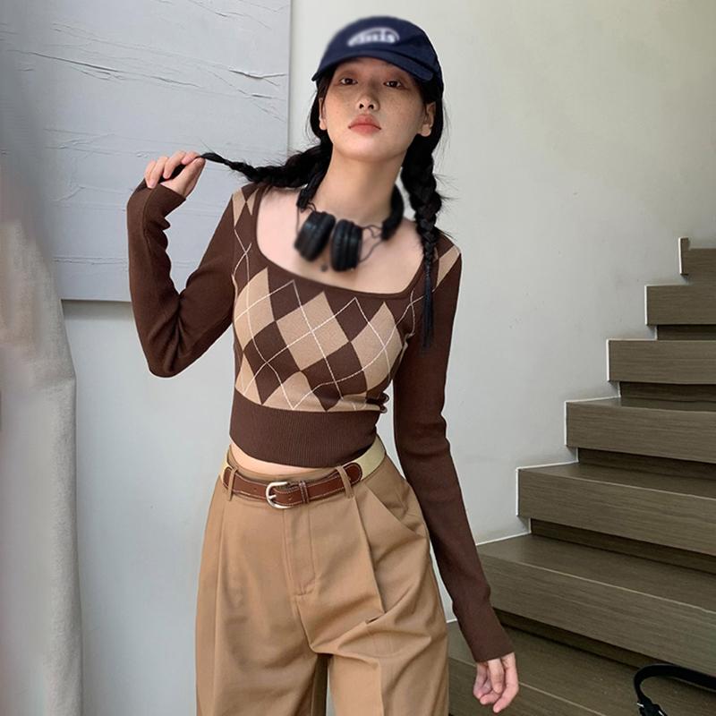 

Женский ретро-топ Ромб Приталенный Повседневный С длинными рукавами Свитер One Size