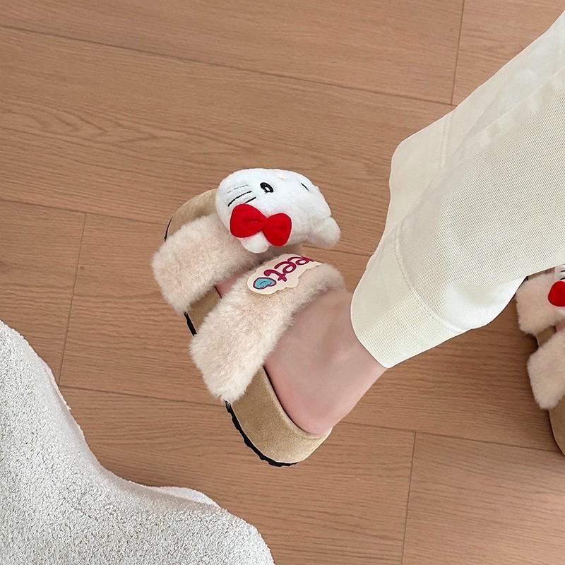 Cute Fluffy Slippers for Girls To Wear In Autumn and Winter, Thick-bottomed Comfortable Home Leisure Open-toed Versatile Cotton One-word Slippers