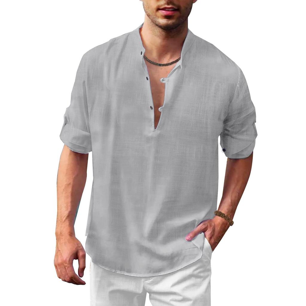 Designer Spring Summer Men's Casual Cotton Linen Solid Color Long Sleeve Shirts Loose Stand Collar Shirts