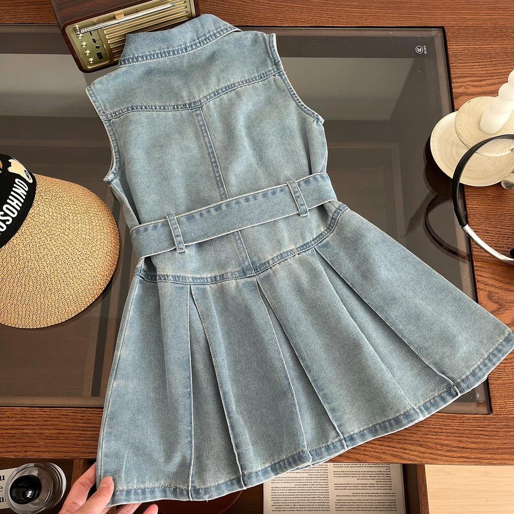 Girls' Sleeveless Denim Dress 2024 - Korean-Style Lapel Waist-Hugging Vest for Summer