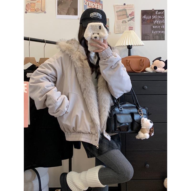 Winter Short Hooded Parka with Big Fur Collar Thick Cotton Jacket for Women