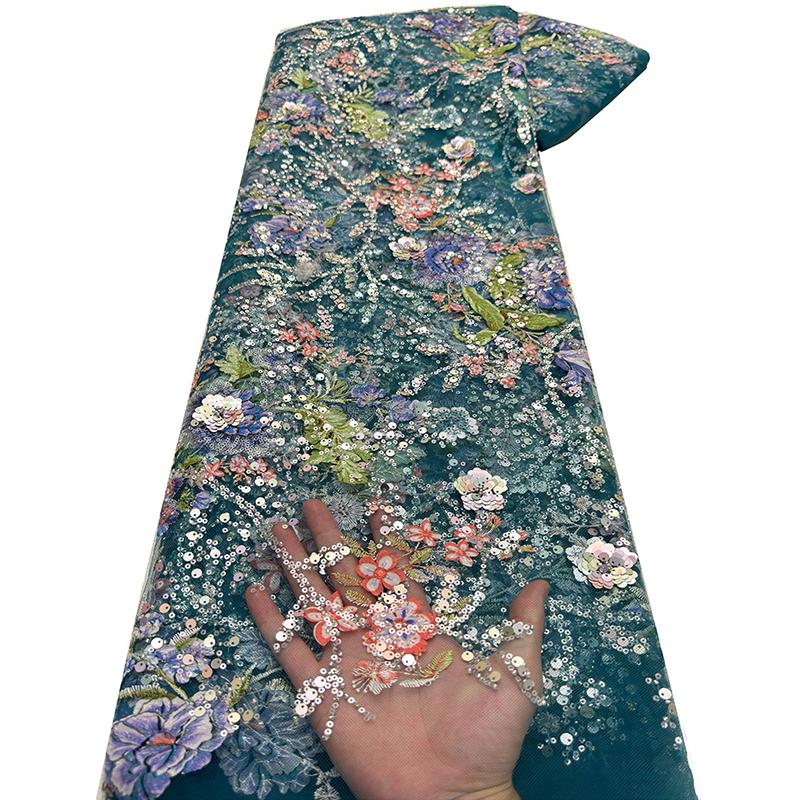 120x90cm African Nigerian Tulle Mesh Lace Fabrics Embroidery Sequins Lace Fabric Wedding Dress Party Dress Beaded Lace Fabric