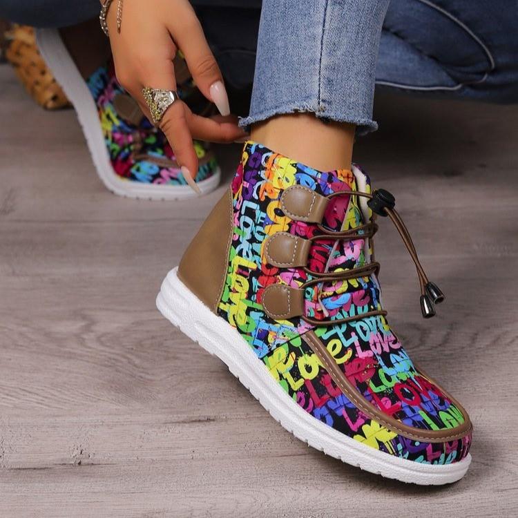 Large Size 43 Martin Boots Female Alphabet Printed Bohemian Ethnic Short Boots Flat Medium Boots