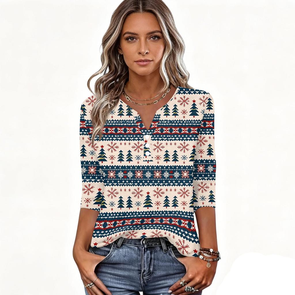 Women's Casual Christmas Print V-Neck T-Shirt with Decorative Buttons and 3/4 Sleeves