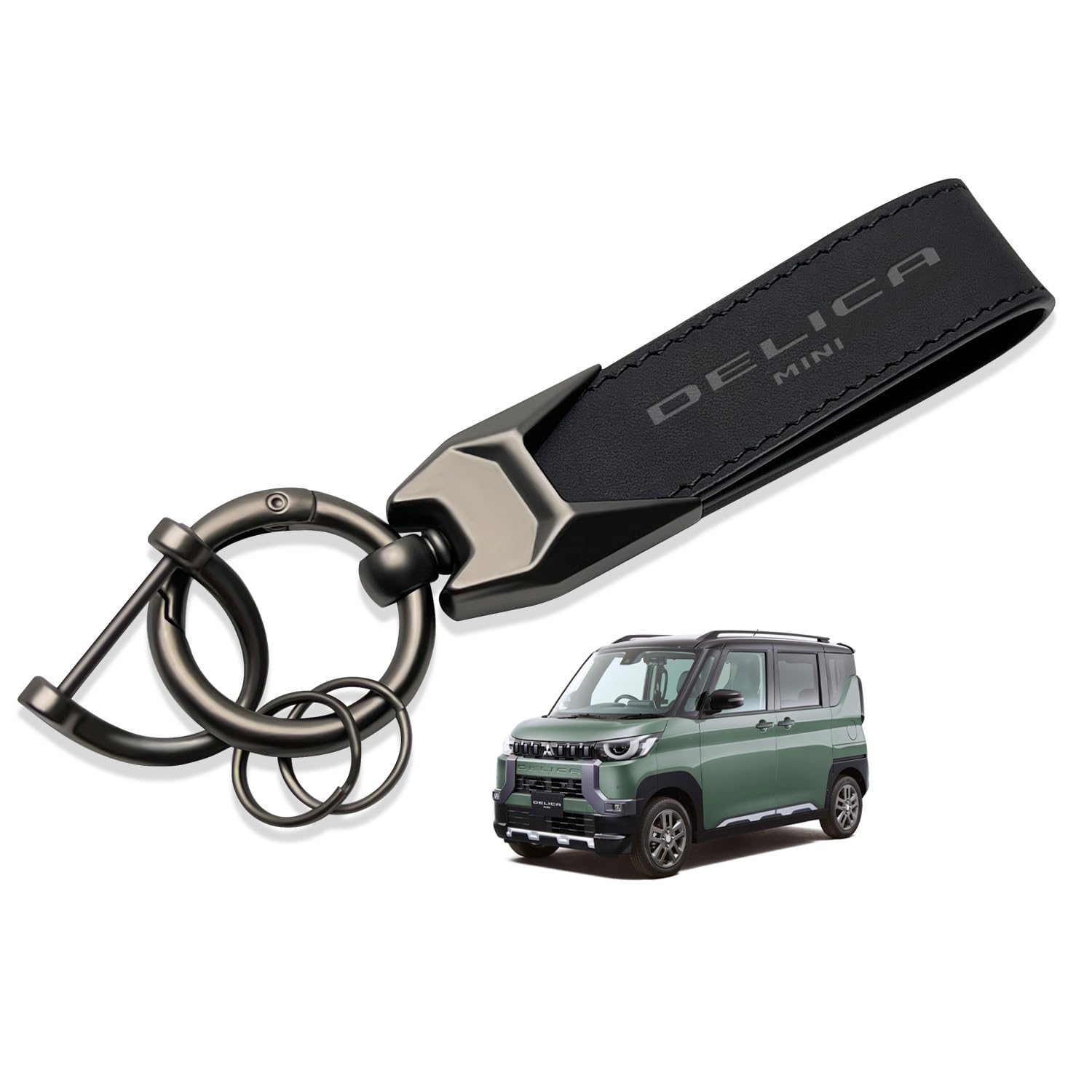 

Подходит для Mitsubishi New Delica Mini серии GN серии B3 Натуральная кожа Держатель для ключей автомобиля Брелок Брелок Карабин Ремешок Тисненый логотип автомобиля Ощущается чёрный