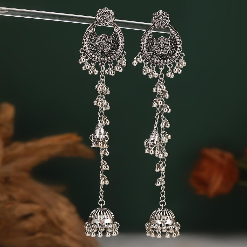 Retro Diamond-Encrusted Bell Long Fringed Flower Earrings, Bohemian Ethnic Style Fashion Design Earrings Women