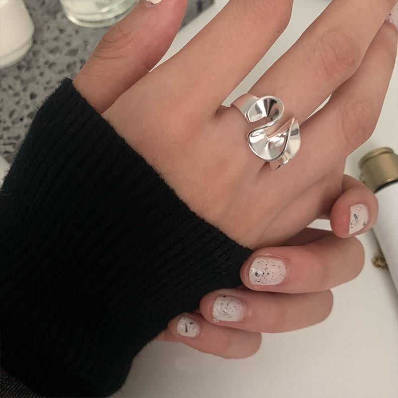 Korean Style 925 Sterling Silver Frosted Lotus Petal Adjustable Wave Ring