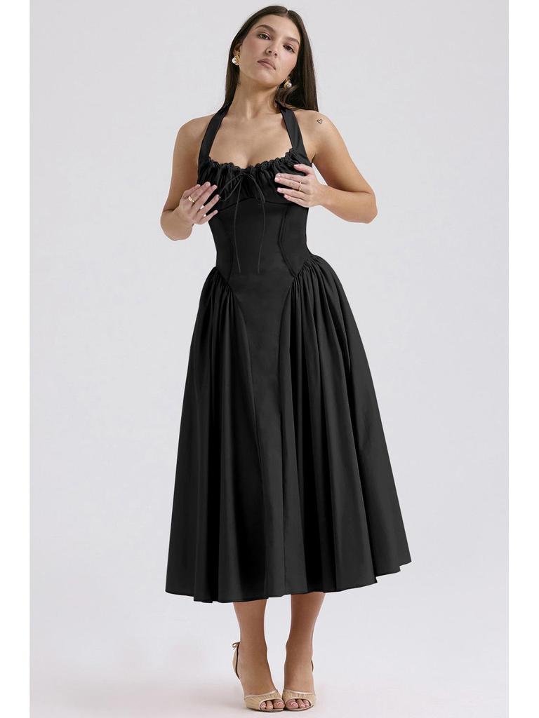 2025 European & American Style Summer Slim Spaghetti Strap Printed Halter Lace Dress