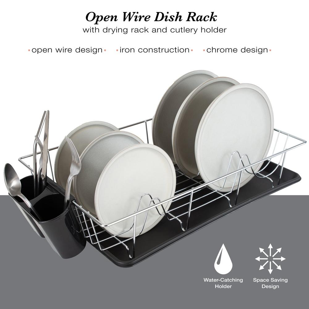 3 Piece Chrome Dishrack with Self Draining Tray Side Caddy Non Slip Feet Kitchen Storage Organizer Flatware Drying Rack