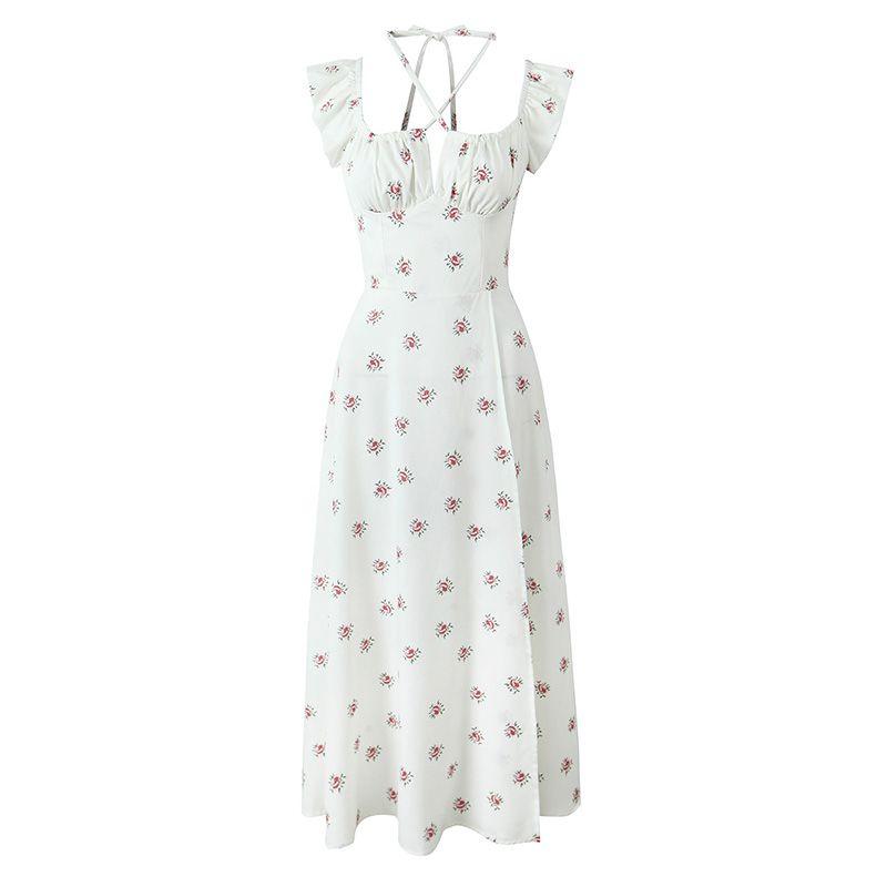 

Fall Dream Paris French style Sweet Style Beautiful Small Floral Sexy High Slit Flying Sleeves Double Purpose Sling Dress White Floral High Split L