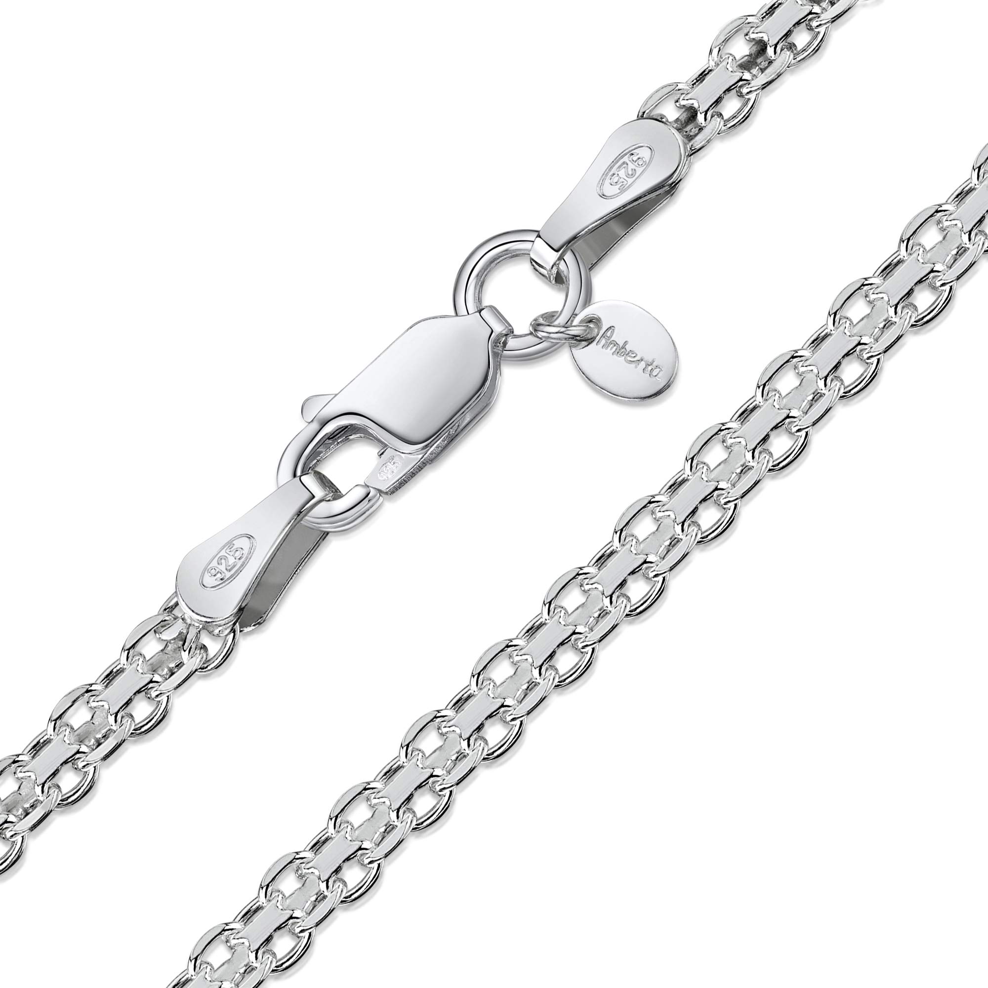 Amberta Sterling Silver 925 Bismarck Chain Necklace, 2.2mm width, 45-60cm length (45cm)