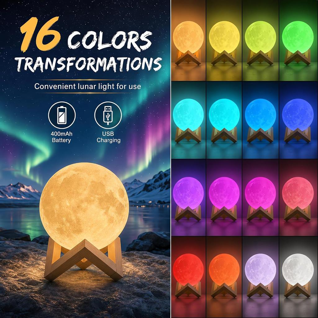 3D Moon Lamp 15cm with Remote Touch Control 16 LED Colors RGB Night Light USB Rechargeable with Wood Base for Bedroom Home Decor Gift Idea