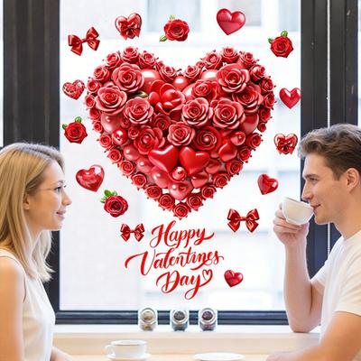 Valentine's Day Window Cling Removable Waterproof PVC Heart Shape Wreath Rose Love Letter Static Glass Sticker Wedding Holiday Party Window