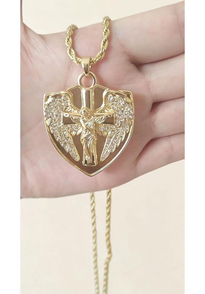 European & American Rhinestone Angel Wing Shield Pendant Hip Hop Necklace Jewelry