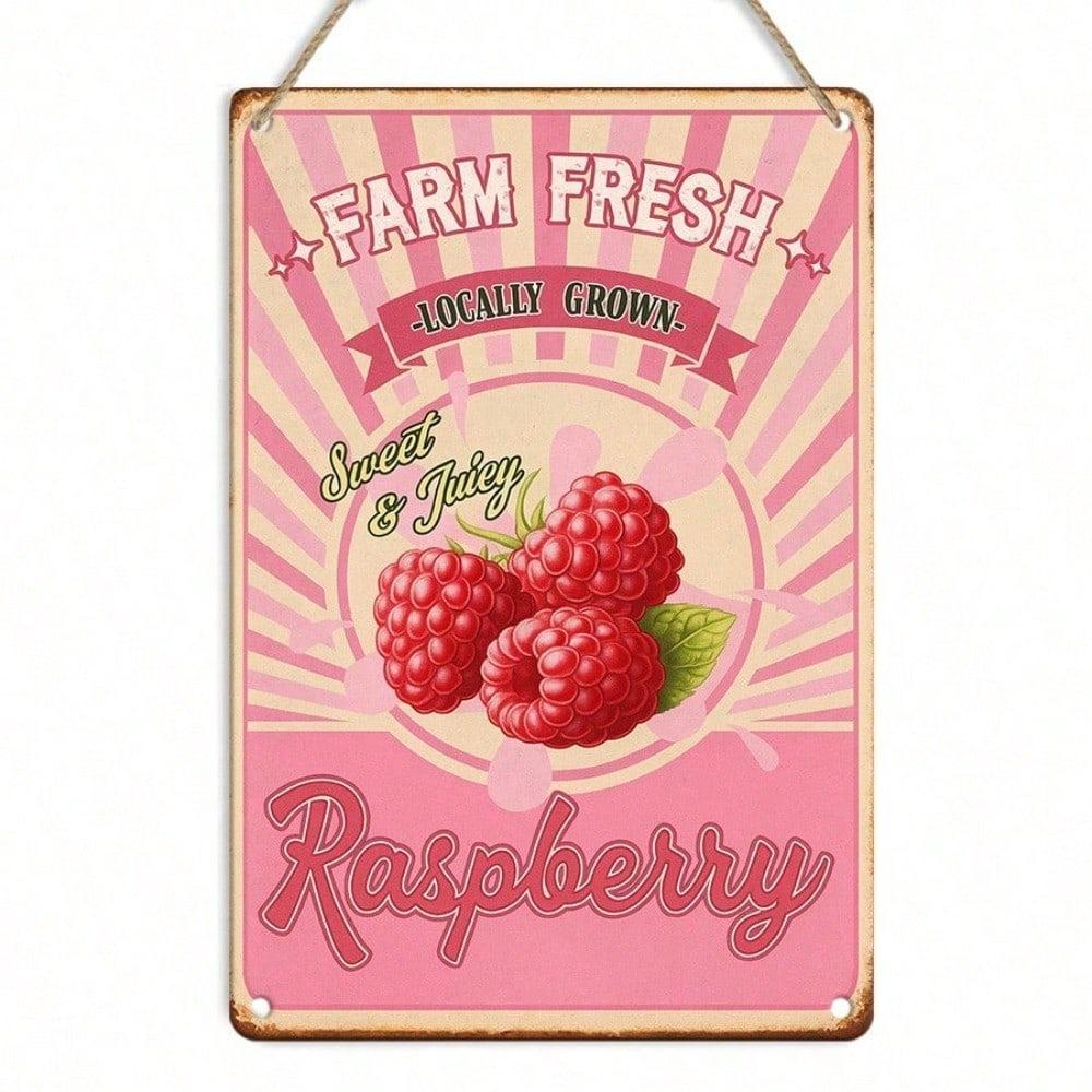 1pc Retro Farm Fresh Raspberries Tin Sign 12x8 Inch, 2D Flat Metal Plaque Vintage Food Wall Decor for Kitchen Bar Cafe