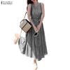 ZANZEA Women Casual Round Neck Loose Summer Grid Print Sleeveless Dress