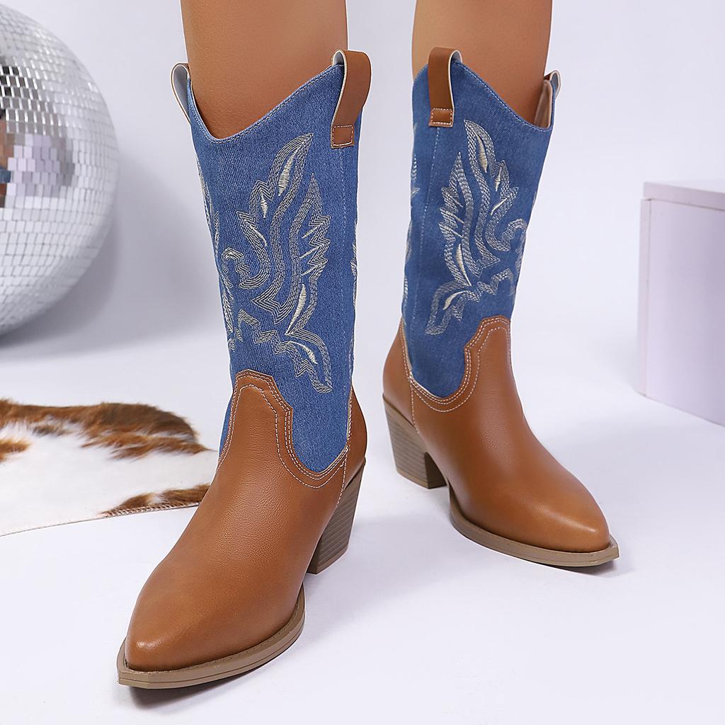 Color-blocked Embroidered Western Boots 2025 Autumn/winter New Pointed Toe Thick Heel Mid-heel Women's Boots