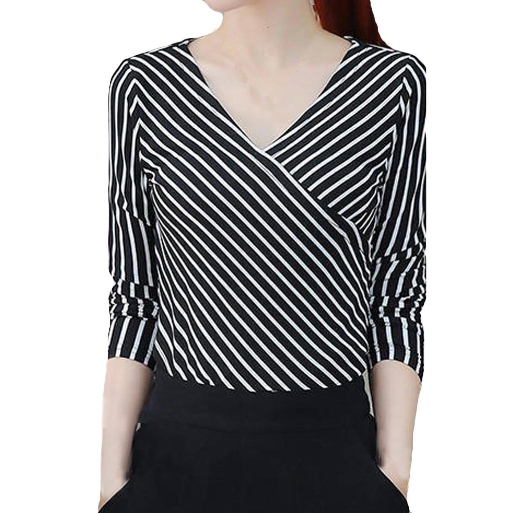 Módní halenka dámská košile s dlouhým rukávem nepravidelného tvaru s proužkovaným výstřihem do V