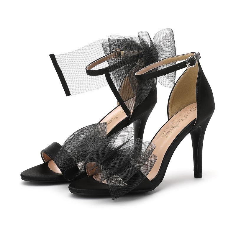 

Simple high-heeled one-word with lace open-toed sandals mesh big bow stiletto T-table high-heeled catwalk shoes new 4 43 чёрный