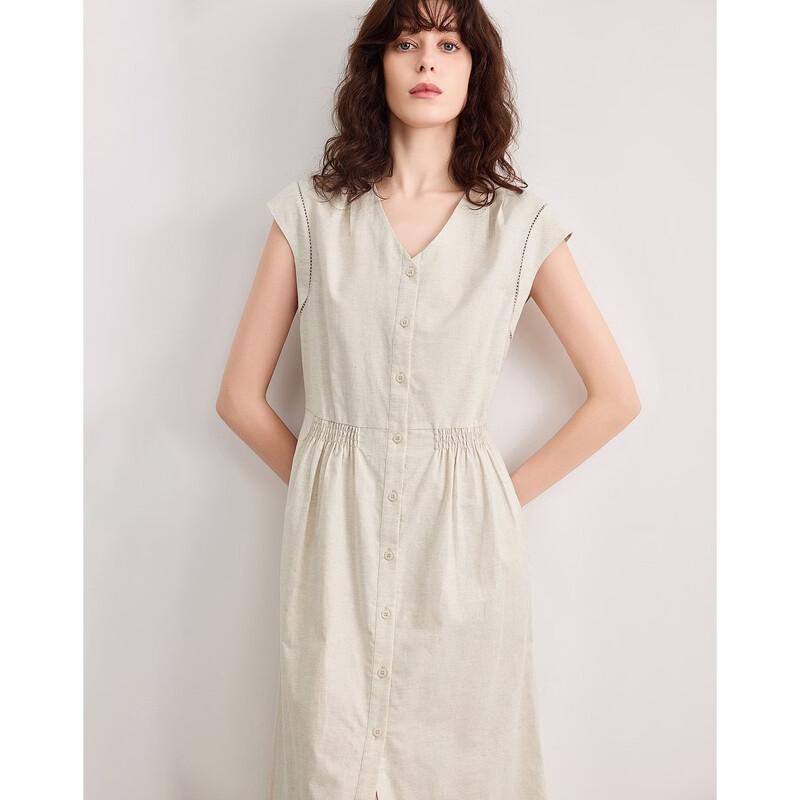 Demana Linen Blend Cap Sleeve V-Neck A-Line Dress M