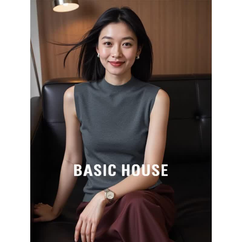 Basic House Women s Knitted Semi-High Neck Sleeveless Slim Fit Vest XL