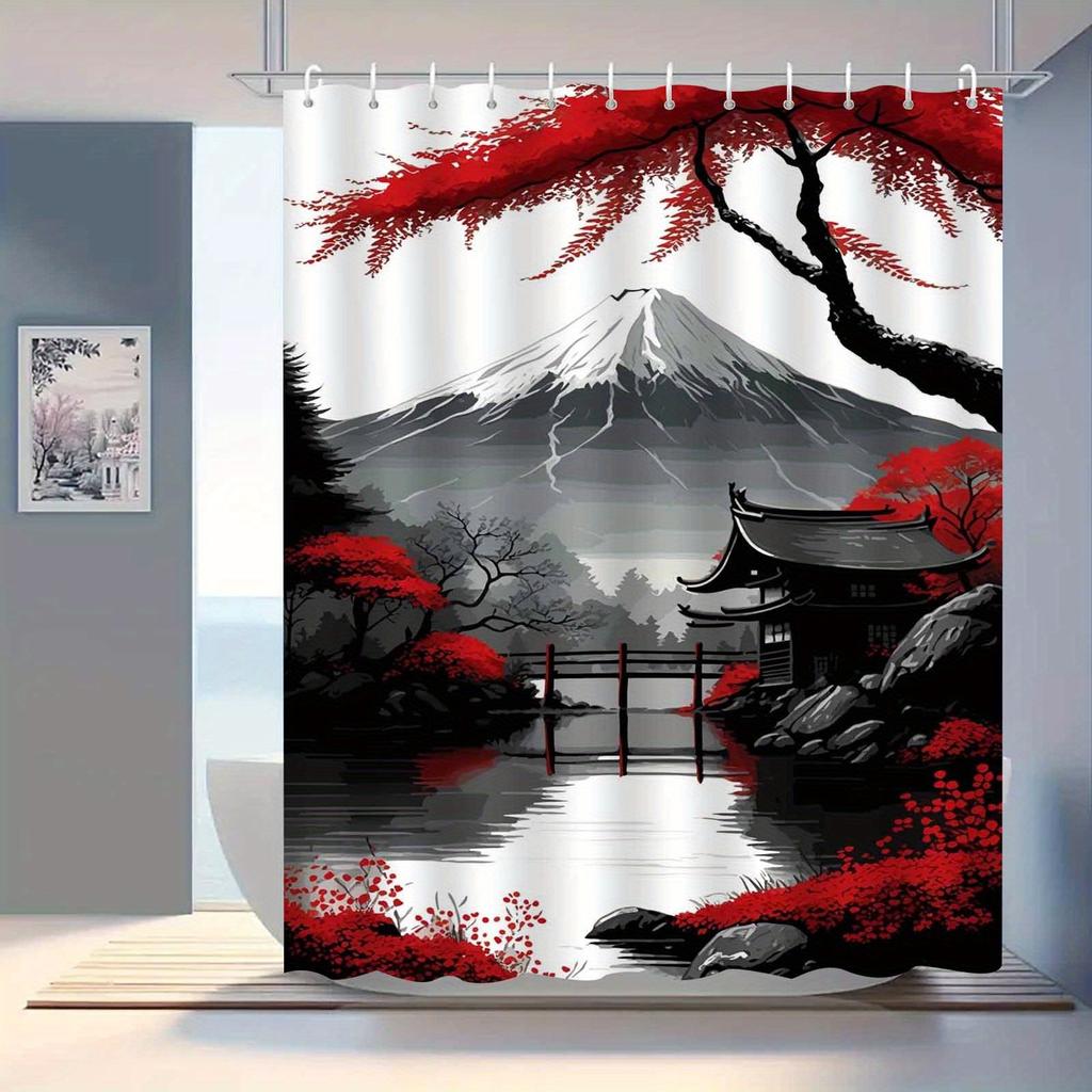1 pièce Peinture de paysage style ancien à l'encre Rideau de douche paysage, Rideau de salle de bain élégant haut de gamme, Décoration de salle de bain