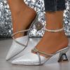 Fashion Luxury Sequins Pointed Toe Slippers Women Crystal Decor Heel Pu Leather Sandals Ladies Party Wedding Thick Sole Slides Mujer