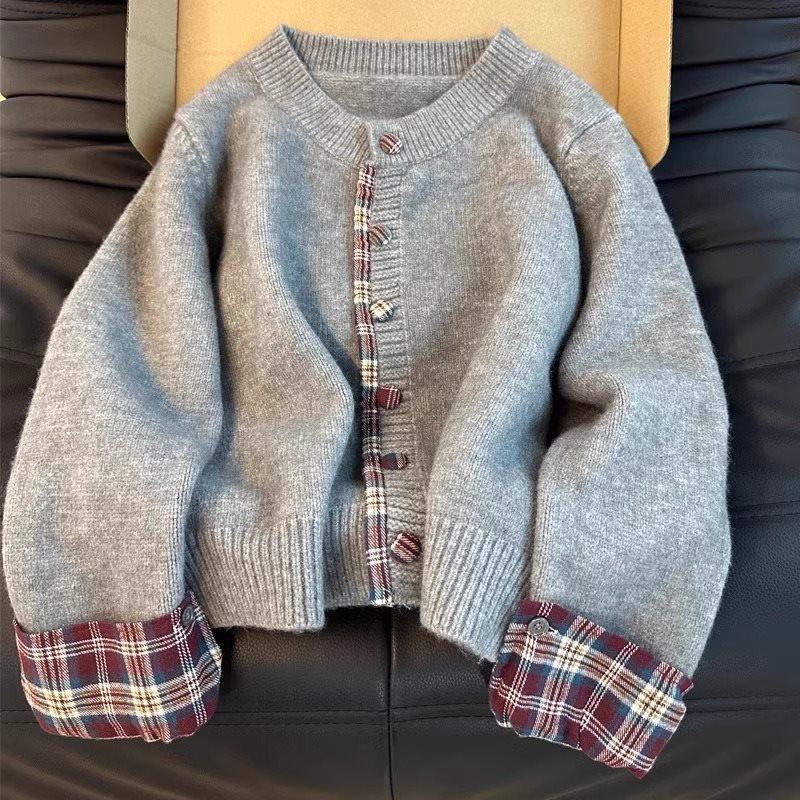 Women's Loose Knit Plaid Patchwork Cardigan - Korean Style, Round Neck, Fake Two-Piece, Spring/Summer 2025