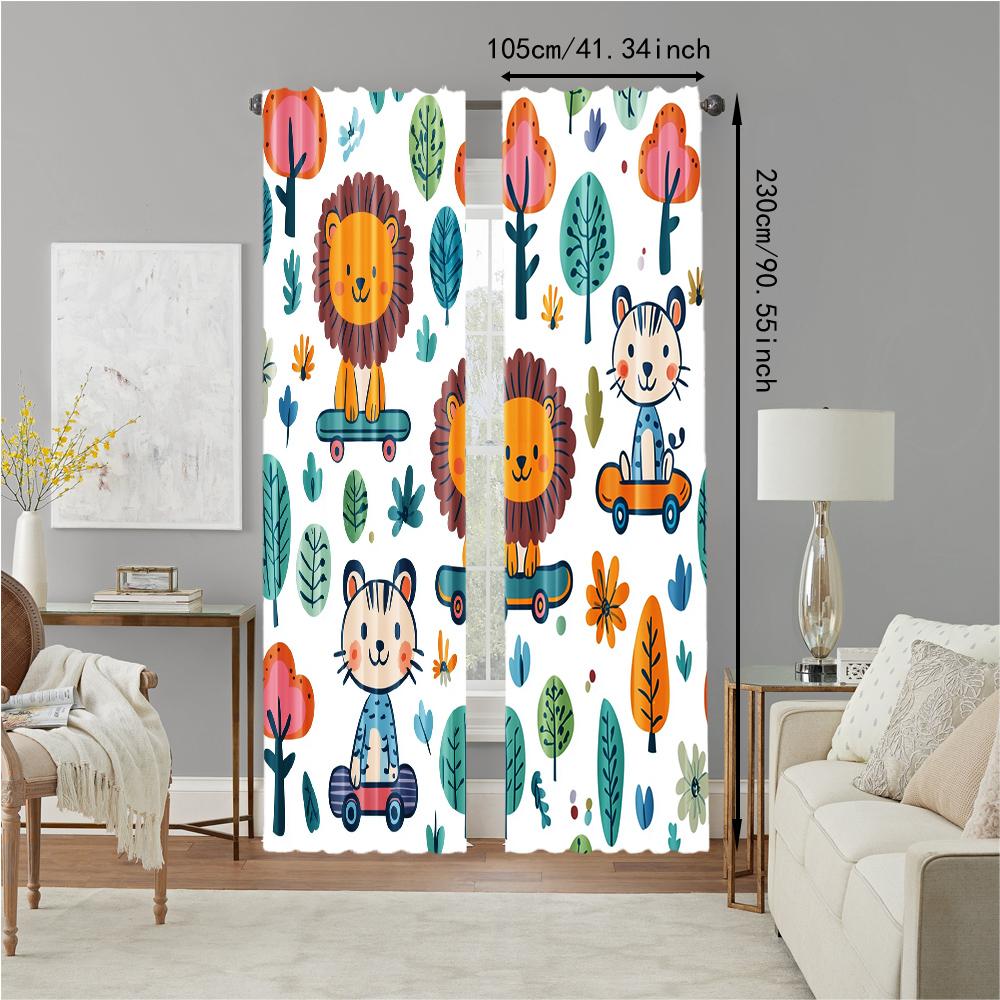 2 Pcs, Versatile Polyester Transparent Curtains for Home Decoration Cute Little Lion And Tiger Cartoon for Use In Bedrooms and