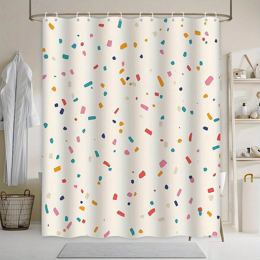 Colorful Confetti Shower Curtain - Playful Minimalist Design, Pink, Orange, Blue, Yellow, Brown & White, Polyester