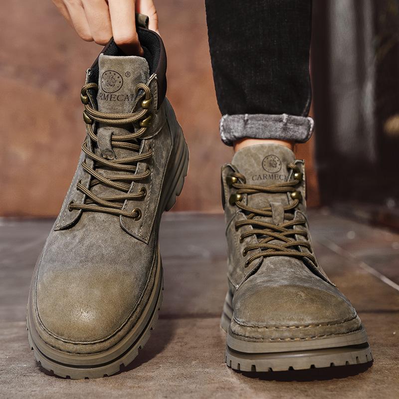 Fashion Outdoor Leather Mens Slip on Boots Platform Shoes Luxury Brand Men Winter Snow Boots Fashion All-match Men Motocross Boots