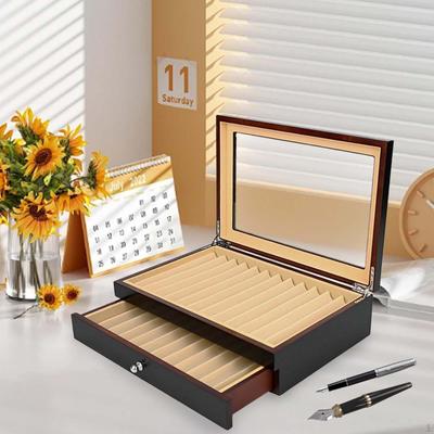 2 Layer Pen Display Box Fountain Case Portable with Drawer Glass Lid Storage Organizer