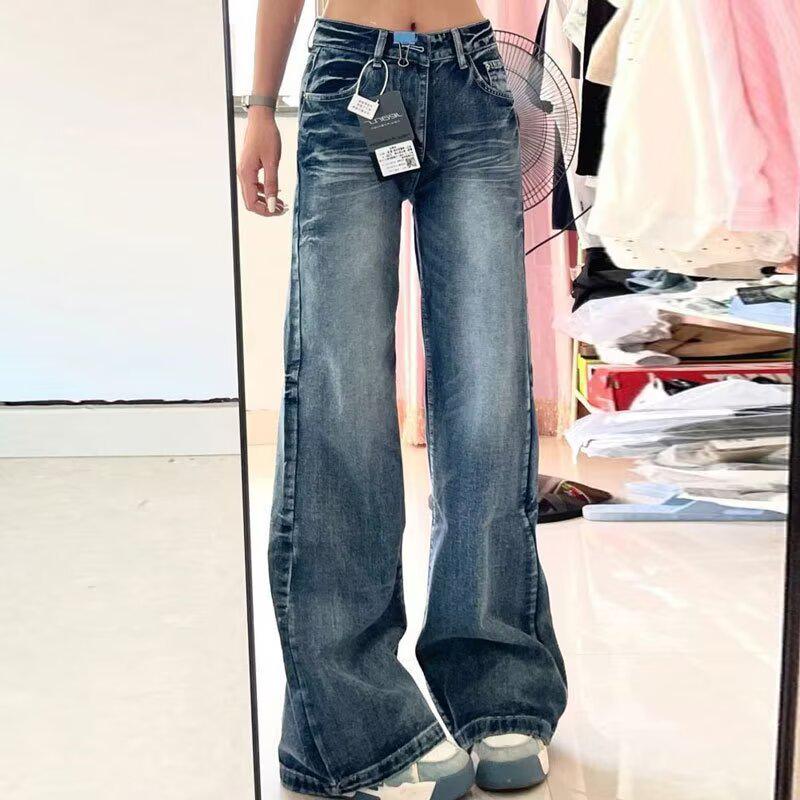 

Women s American Retro High-Waisted Flare Jeans: Winter Style with Washed Scratch Design, Loose Slimming, Floor-Length Pants. XL синий