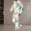 Men Plus Size Colorful Printed Two Piece Set Round Neck Long Sleeve Top Cuffed Pants