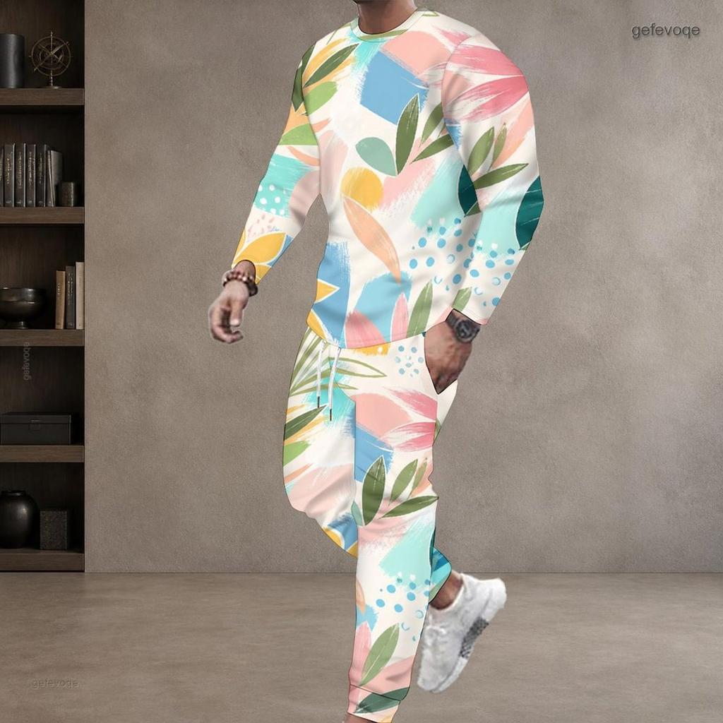Men Plus Size Colorful Printed Two Piece Set Round Neck Long Sleeve Top Cuffed Pants